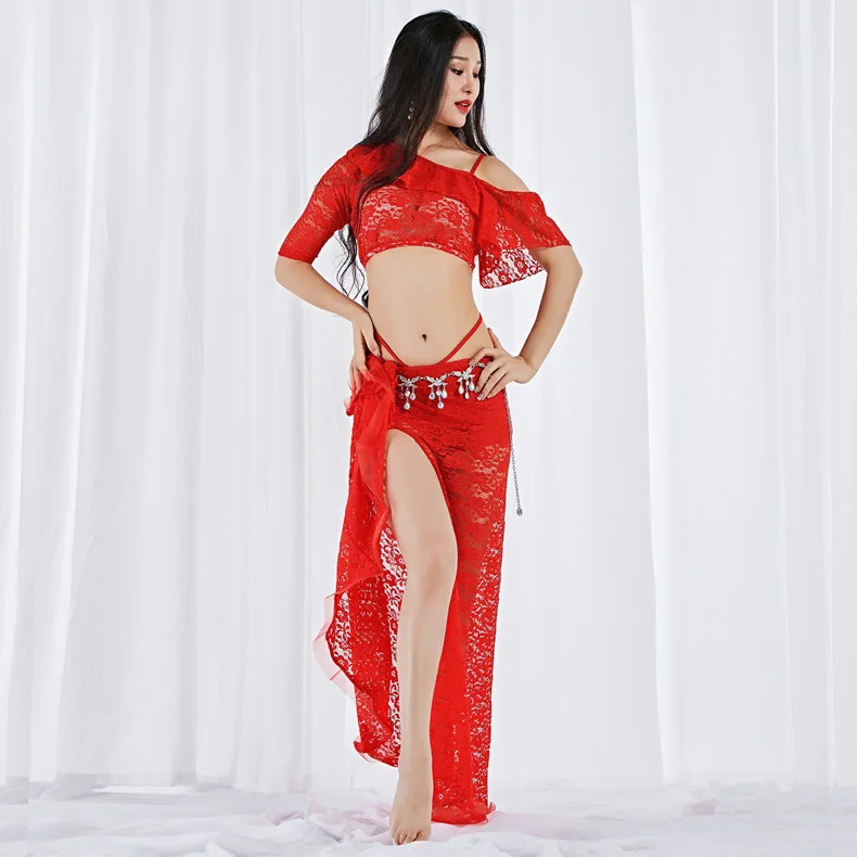 2 Pieces Women Belly Dance Costume Lace Top Long Skirt Sexy Outfits Dancewear Elastic Off shoulder Dancing Clothes Dancer Wear