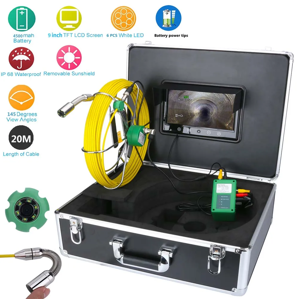 

GAMWATER 9 Inch LCD 1000 TVL Camera 20M/30M/40M/50M IP68 Waterproof Drain Pipe Sewer Inspection Camera System with 6W LED Lights