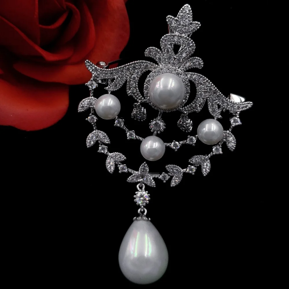 Королевский Королева ювелирные изделия микро Паве CZ Перламутр капля Брошь