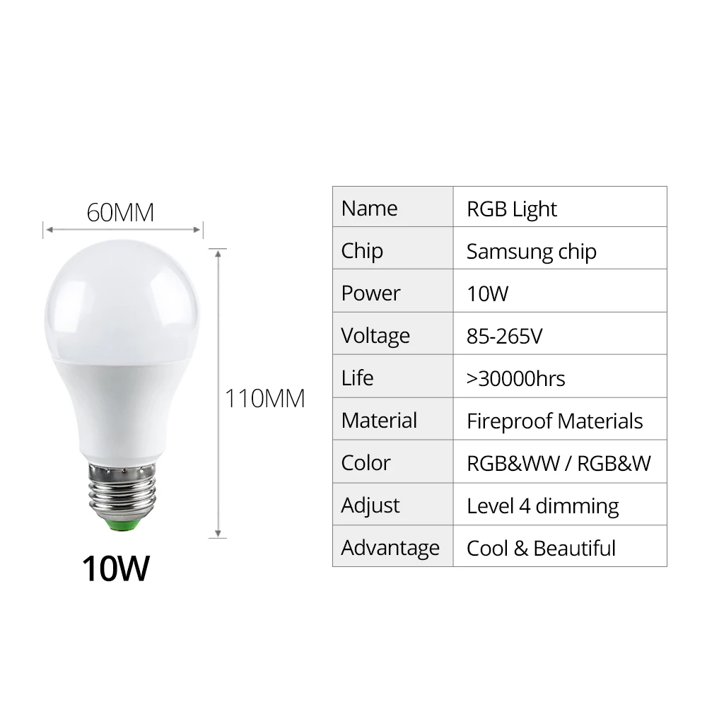 E27 RGBW RGBWW Светодиодная лампа AC 85 265V диммер Волшебная праздничный свет 10W Luces