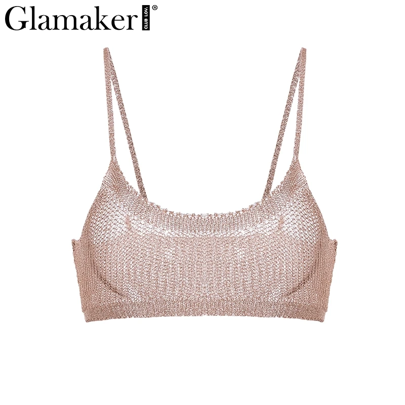 Женский топ на бретельках Glamaker золотисто металлический Вязаный блестящий