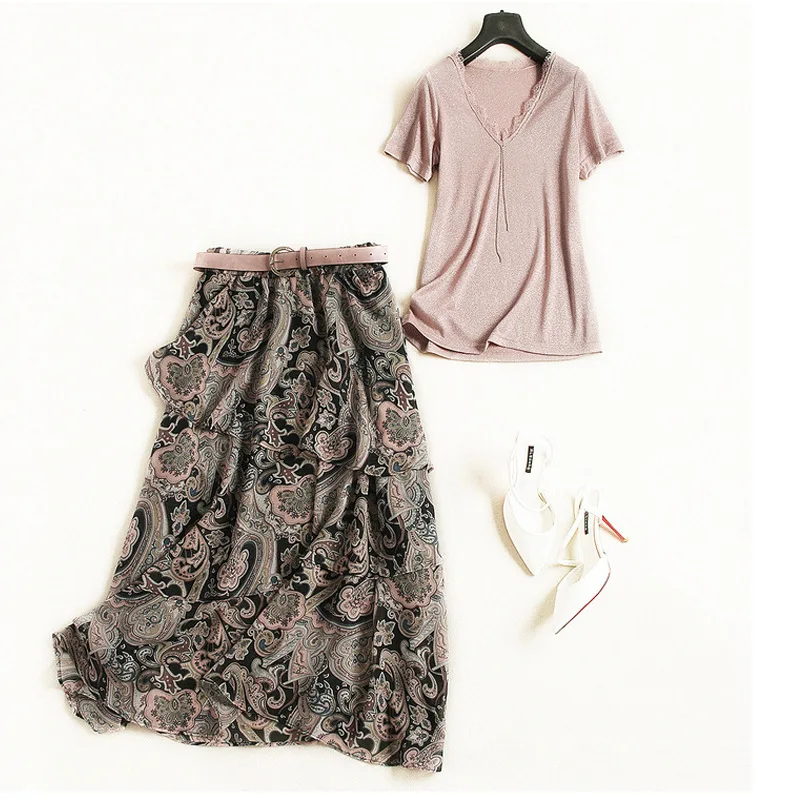 Женская Кружевная футболка с v образным вырезом длинная Плиссированная юбка