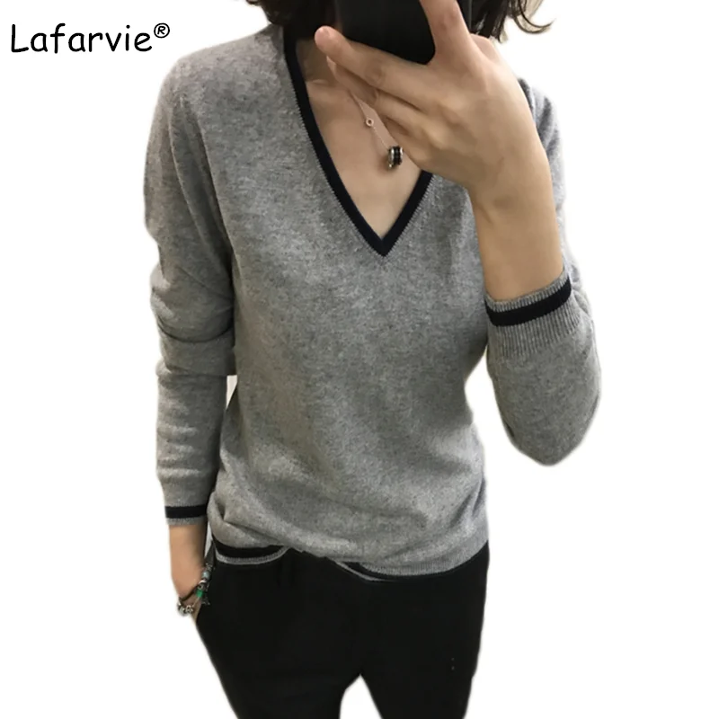 

Новый осенне-зимний кашемировый свитер Lafarvie с V-образным вырезом, женские универсальные Вязаные Пуловеры и свитера, полосатый Женский свите...