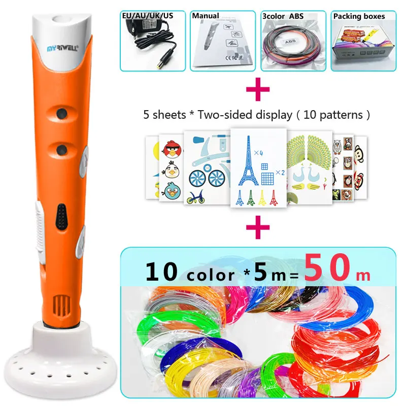 Orange pen Package 4 Myriwell 3d Ручка 3d ручки, 1,75 мм ABS/PLA нити, 3 d pen3d модель, Creative3d ручка doodler, лучший подарок для детей - Цвет: Orange pen Package 4