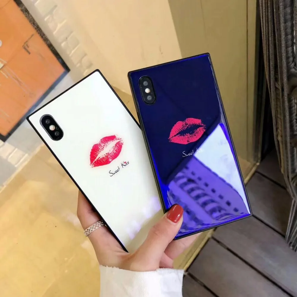 Роскошный закаленное стекло квадратный красный поцелуй чехол для iphone XS MAX S 7 6 6s 8