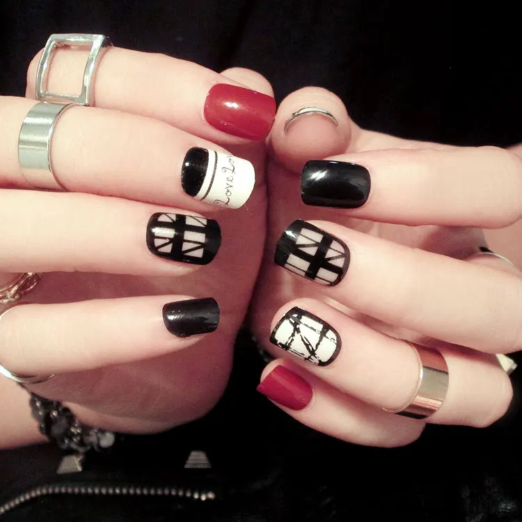 Красное вино черный накладные ногти 24 шт. полный Типсы для ногтей гель Дизайн