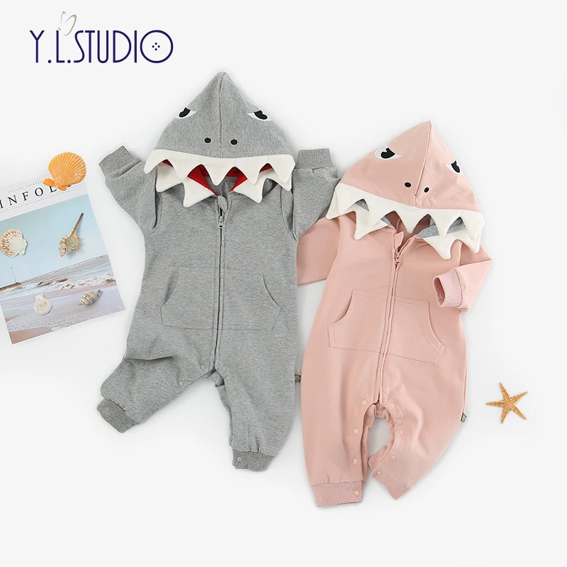 

Baby Boy Jumpsuit Spring Autumn Overalls Zipper Cotton Hooded 3D Shark Onesies Cosplay Clothes For Little Girl Baby Romper