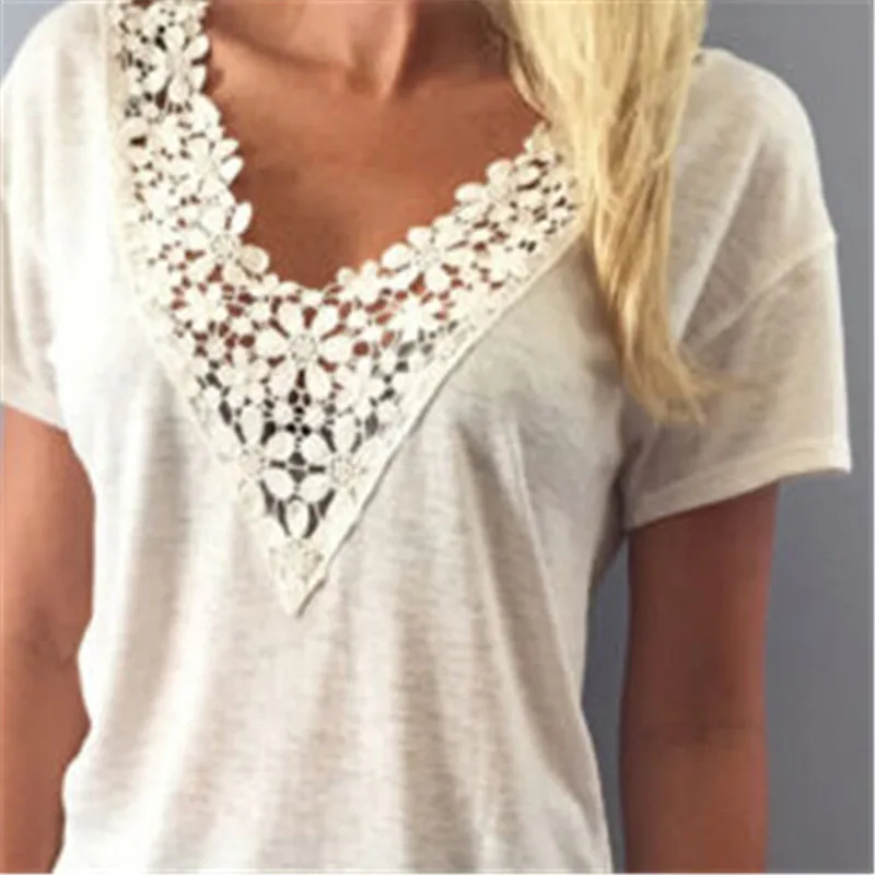 

Black White Grey Summer Fashion Lace Short-Sleeved T-Shirt Female Fashion Temperament Ladies Shirt Tees Tops 7Q1813