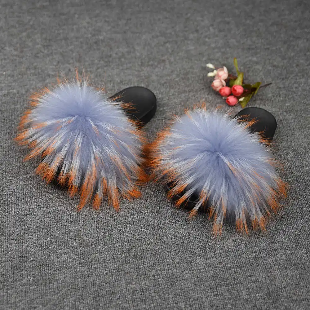 Blue Orange Spot Женские шлепанцы с натуральным мехом енота; модные стильные шлепанцы; сезон весна-осень-зима; Домашние вьетнамки на плоской подошве; S6020A - Цвет: Blue Orange Spot