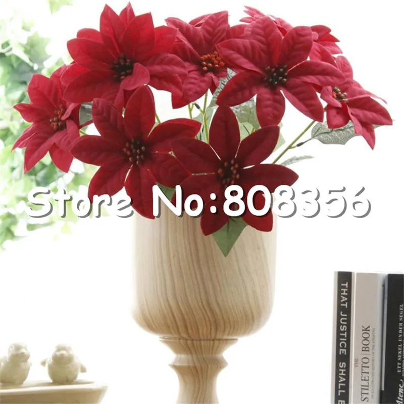 

Fake Poinsettia Bunch (5 heads/piece) Simulaion Christmas Flower for Showcase Wedding Home Decorative Artificial Flowersl