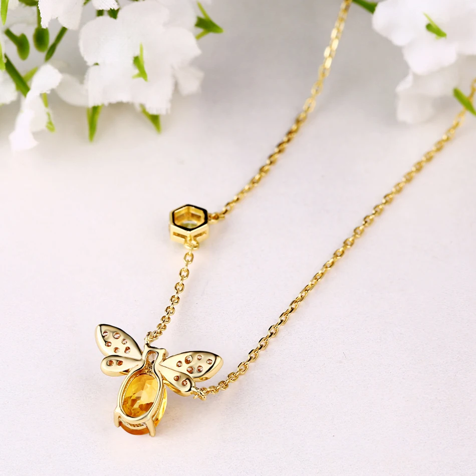 ALLNOEL Bee 5x7mm 1ct Natural Citrine 925 Sterling Silver Jewelry 14K Yellow Gold Plated Chain Pendant Necklace S925 Gift