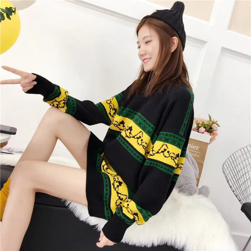 

women's clothing 2019 new arrival women spring autumn long loose knitted sweaters ladies casual o-neck print sweater shirts