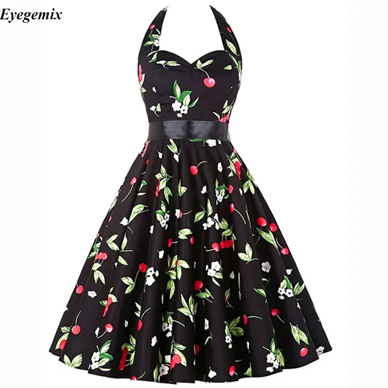 Женское летнее платье с лямкой на шее 2017 большой размер Одри Хепберн цветочный