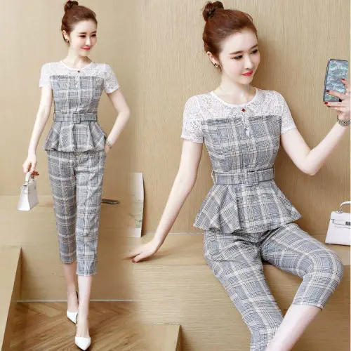 

Plaid Two Piece Set Top And Pants Women's Summer Suit Women Clothes 2019 Ensemble Femme Deux Pieces Year-old Female Costume