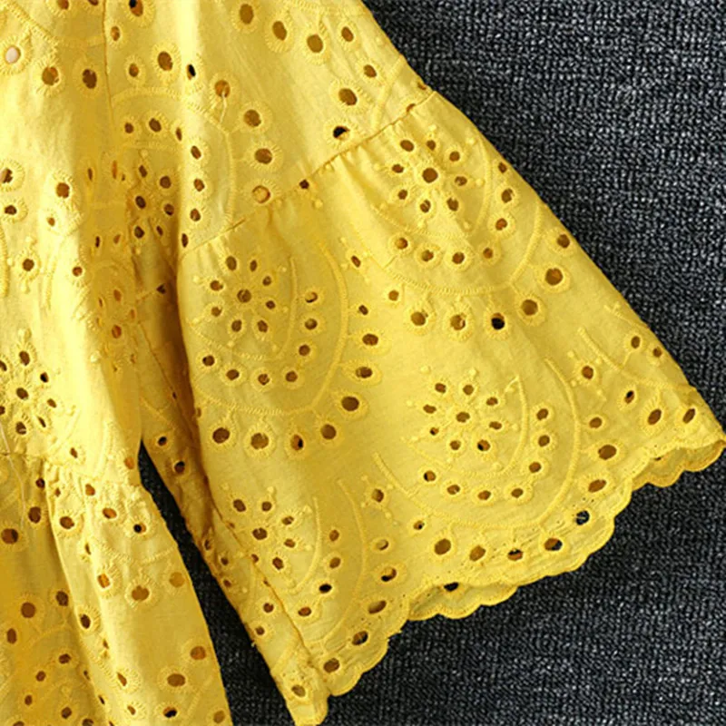 Sweet Chic Embroidery Women Blouse And Top Flare Sleeve Beach Summer Set V Neck Hollow Out Yellow Shirt +Camis 2 Pieces Babydoll | Женская