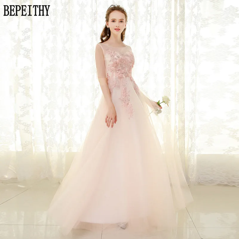 BEPEITHY vestido de festa, ТРАПЕЦИЕВИДНОЕ Тюлевое кружевное платье с бусинами и цветочной аппликацией, розовое платье для выпускного вечера, длинное вечернее платье