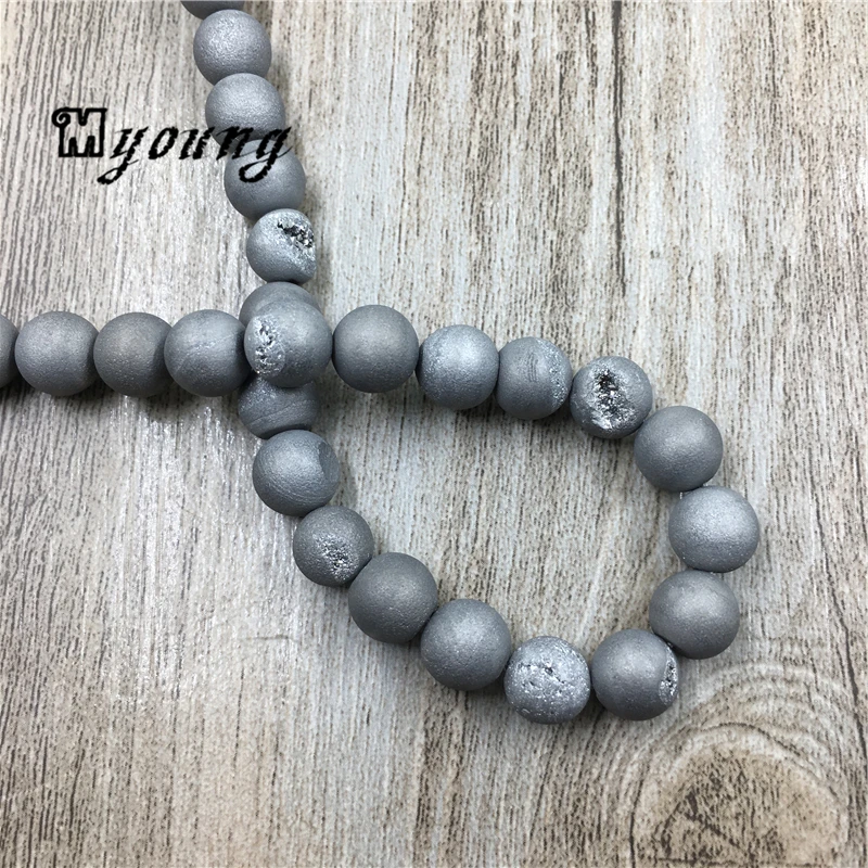 15." Strand Серебристая Argent Титан Натуральный камень Агаты Бусины, матовая Druzy Geode Бусины, круглый Loose Бусины 5strands/лот my0088