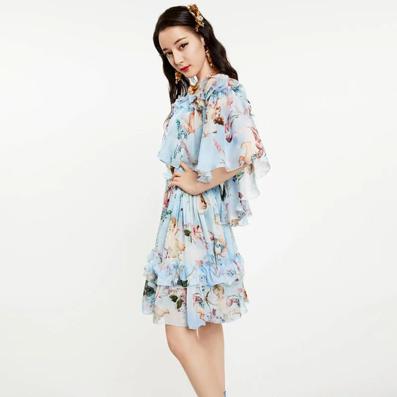 HAMALIEL Runway Cloak Ruffles Party Dress 2018 Summer Designer Blue Chiffon Printing Flowers Spaghetti Strap Cape Backless | Женская