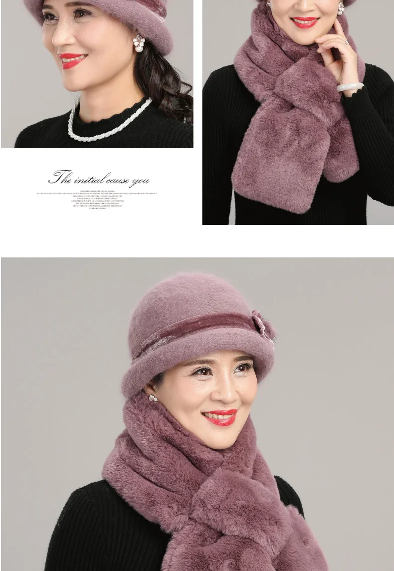 Women Winter Knitted Wool Basin Hat Female Thickened Warm Fisherman Cap Lady Velvet Elegant Scarf for Middle-aged Mother H7158