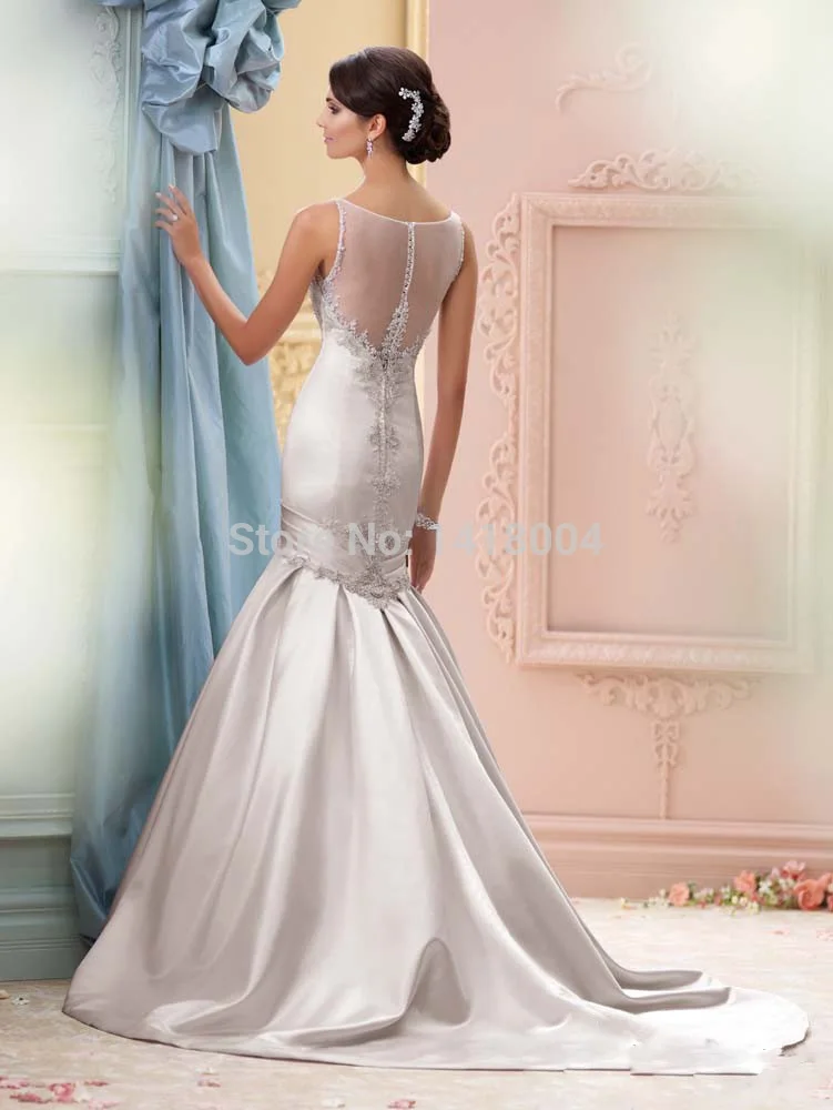 A-2015 new mermaid scoop neckline sheer wedding dresses see through lace crystals beaded vestidos bridal gowns | Свадьбы и торжества
