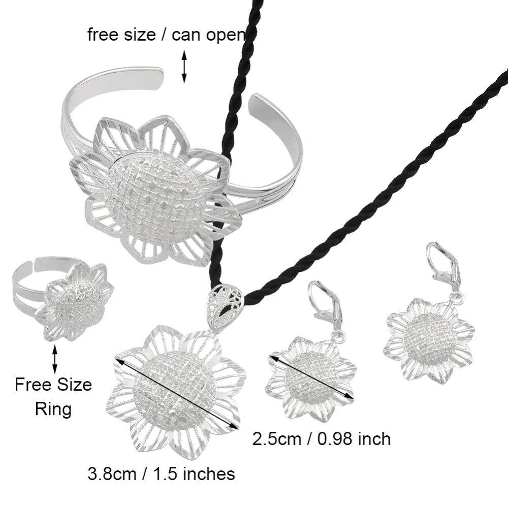 Anniyo Ethiopian set Silver Color Pendant Rope Earrings Ring Bangle Flower Jewelry Wedding African #200106 | Украшения и