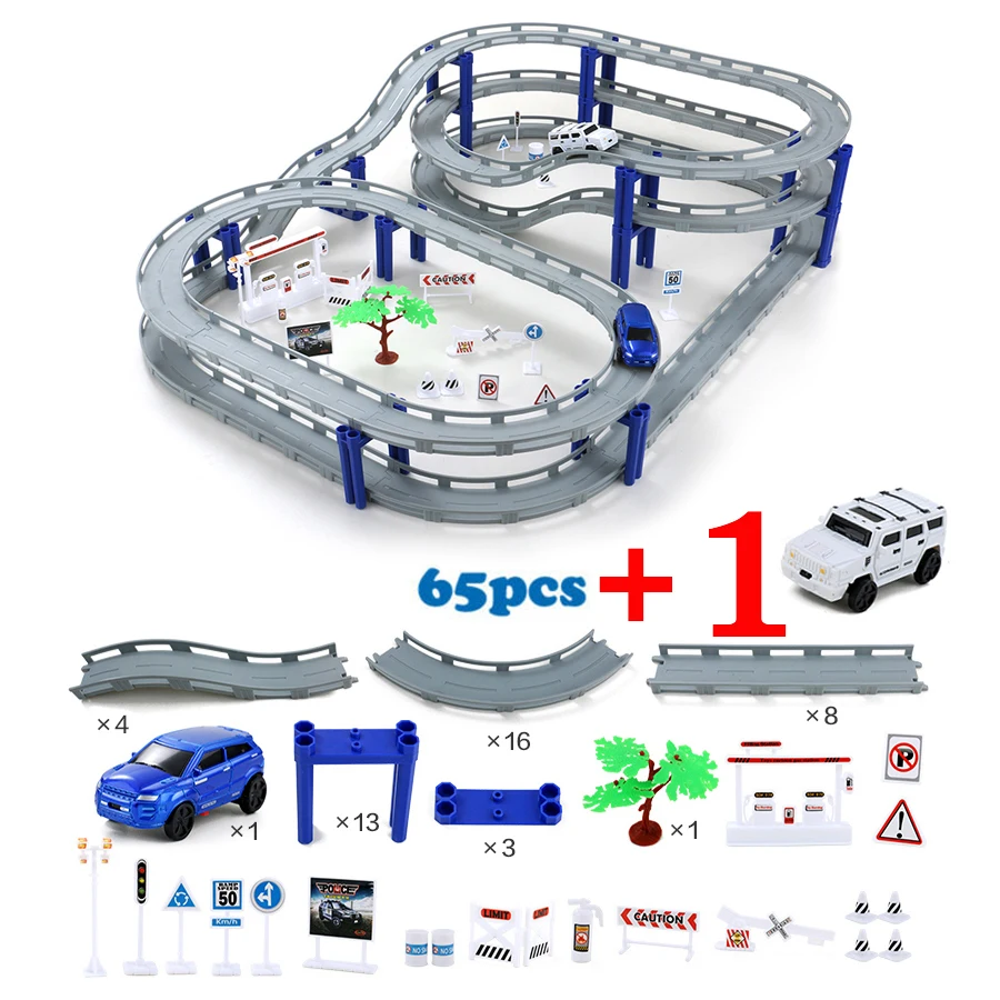 65 pcs with 2 cars DIY multi-track Rail автомобильный Строительный блок Набор железнодорожных поездов, спиральный трек горки электрические автомобильные развивающие сборочные игрушки - Цвет: 65 pcs with 2 cars