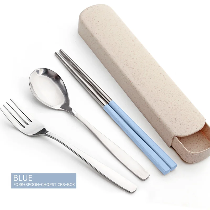 Style A Blue 4 Set WORTHBUY портативный набор посуды из нержавеющей стали Пшеничная солома палочки для еды Ложка Вилка посуда для детей кухонный набор обеденной посуды - Цвет: Style A Blue 4 Set