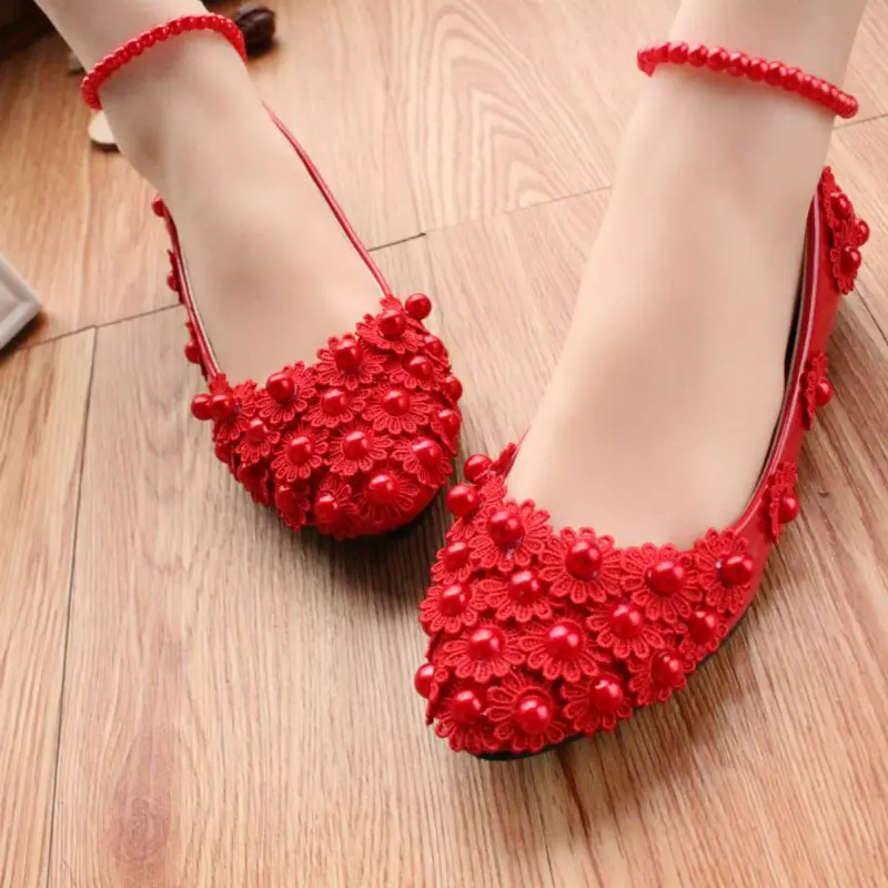 

Flat heel red lace flowers pearls bridal wedding flats shoes woman NQ267 luxury super beautful design red lace party flats