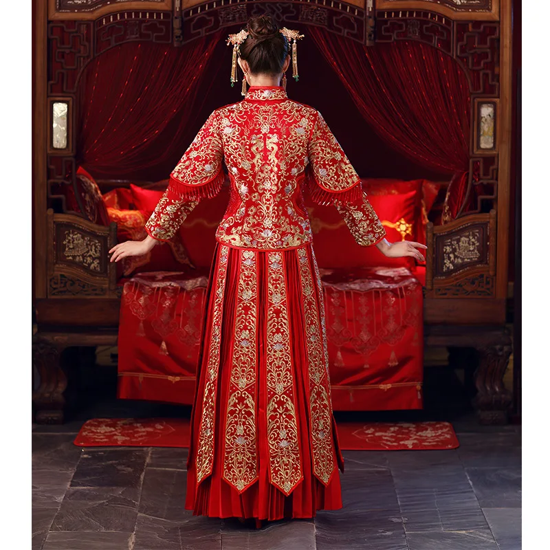 

RED Especial Fashion Chinese bride wedding gown dress Golden cheongsam Suzhou embroidery female golden Spring Autumn Qipao S-XXL