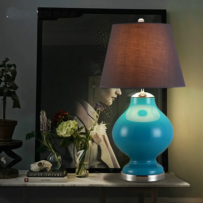 NEW Brief Modern Fashion Country Blue Glass Fabric Led E27 Table Lamp for Living Room Bedroom H 59cm 1717 | Лампы и освещение