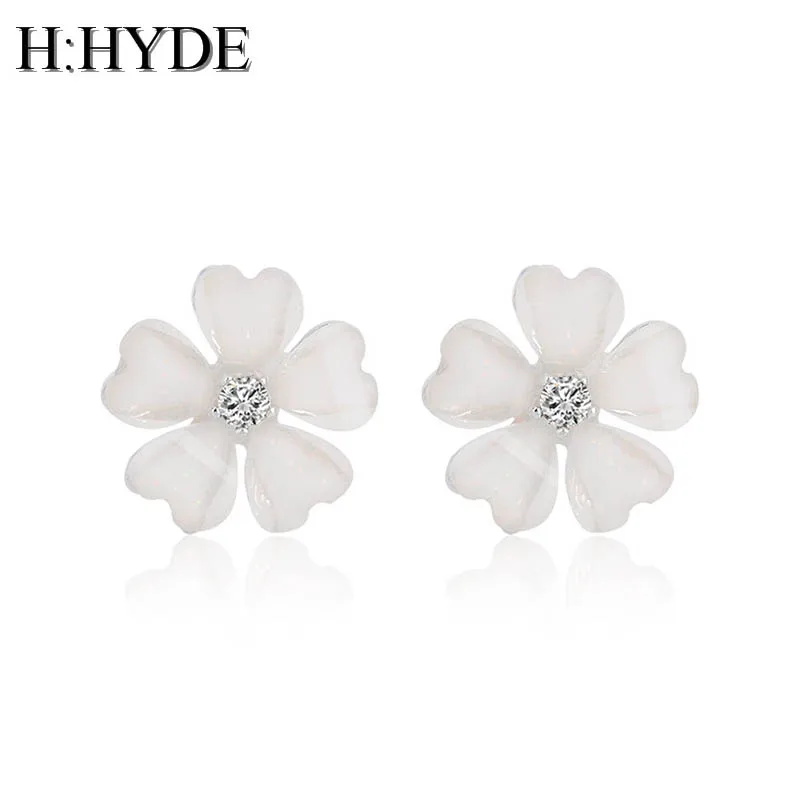 Женские серьги пусеты H: HYDE белые с цветком клевера диаметр 1 5 см|crystal stud earrings|stud