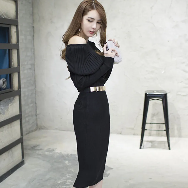 New Autumn Winter Women Sweater Dress Bodycon Slim Dress Ladies Elastic Thicken Pencil Knit Dress - Цвет: black