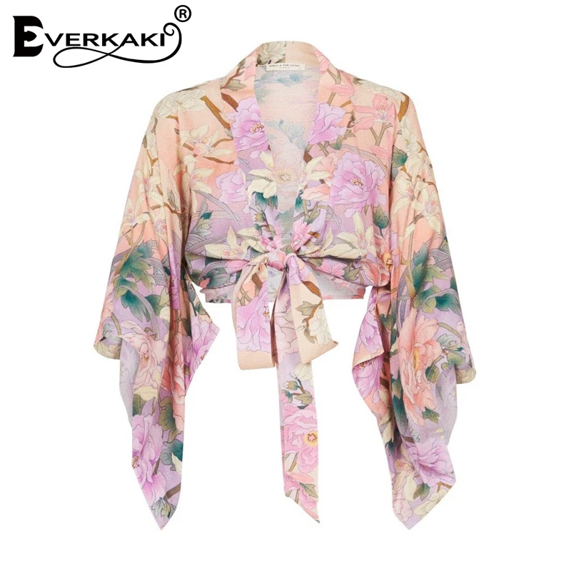 Everkaki Boho блузка элегантная обертывание Цветочные женские блузки с принтом