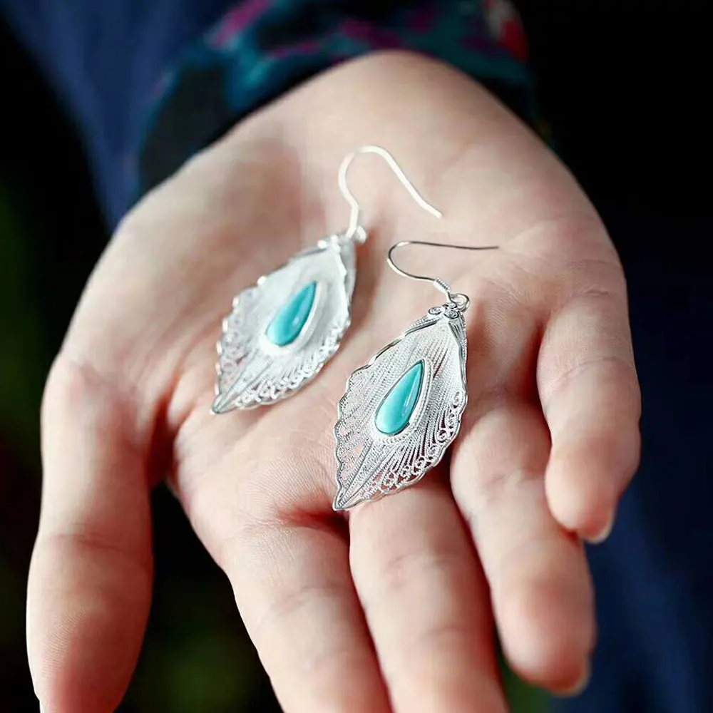 Женские сережки из серебра 925 пробы RADHORSE в виде листьев бирюзы классическом