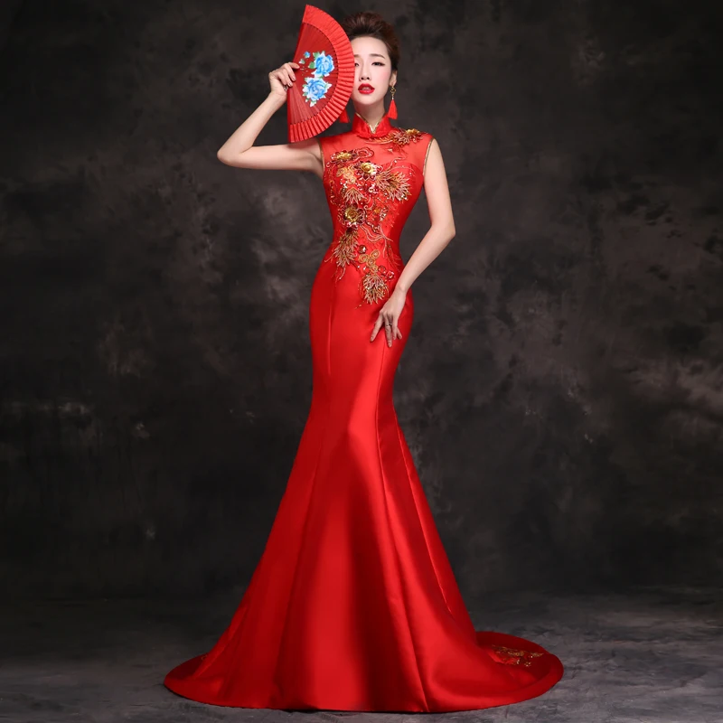 Традиционное китайское платье Чонсам для невесты, Qipao, с вышивкой, красное, Русалка, свадебные платья, стиль Chinois Femme, восточные платья