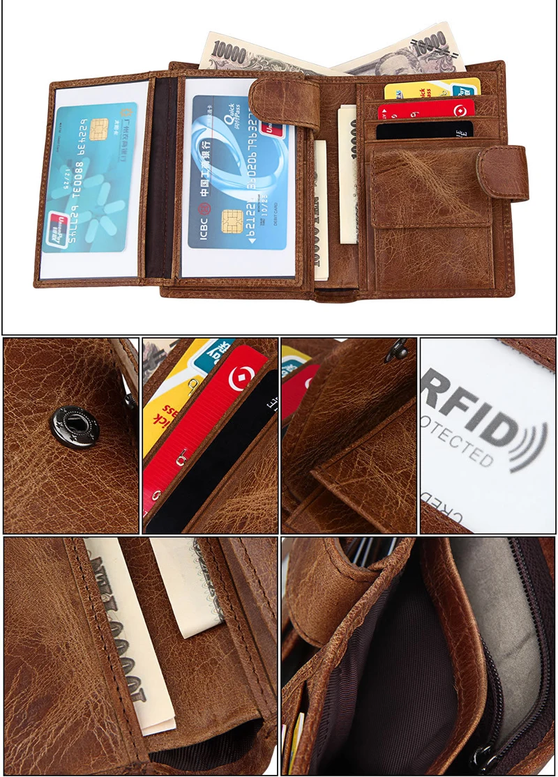 BONAMIE, коровья кожа, коричневый, RFID кошелек для мужчин, натуральная кожа, короткий кошелек с отделением для монет, кредитный держатель для карт, мужская сумка для денег