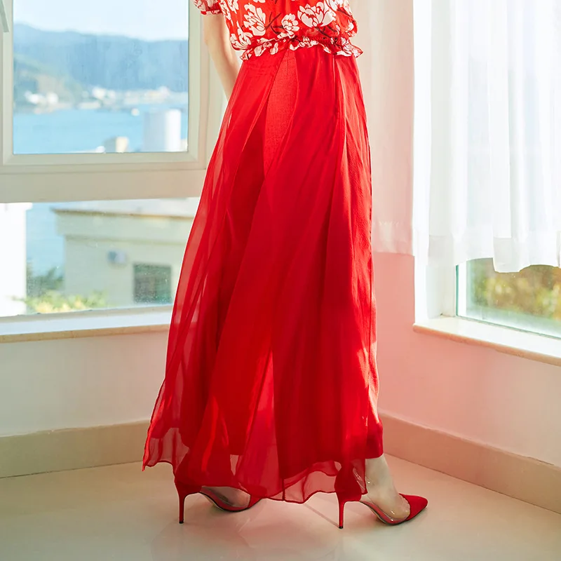 Летние китайские красные шелковые широкие брюки женские повседневные длинные