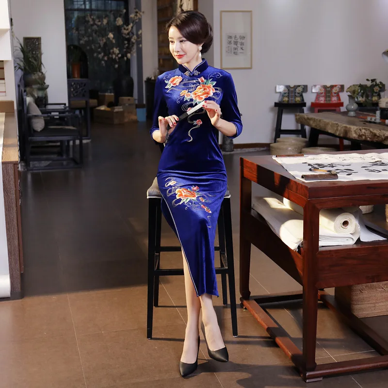 

National Chinese Velvet Dress Women's Long Cheongsam Size S-4XL