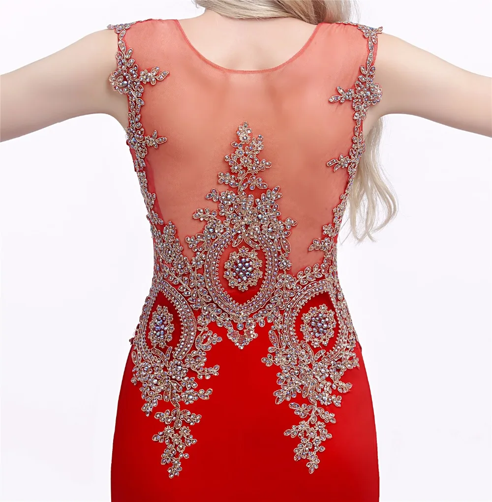 

Red Royal Blue Sexy Long Prom Dress 2018 Mermaid Sheer Back Gold Lace Appliques Formal Party Gowns Evening Dresses Vestidos