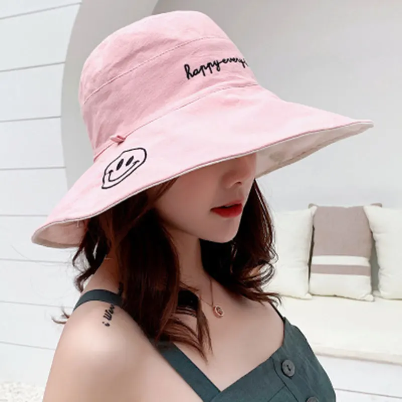 PINK WHITE Стильная и Повседневная Двусторонняя Рыбацкая шляпа женская модная трендовая смайлик и алфавит вышивка наружная солнцезащитная Кепка - Цвет: PINK WHITE
