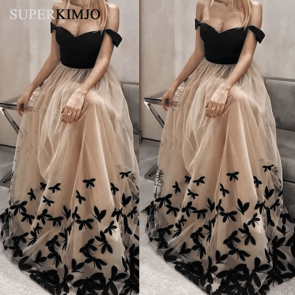 

SuperKimJo Off the Shoulder Champagne Prom Dresses 2020 Handmade Flowers Elegant Vintage Prom Gown Vestido Formatura