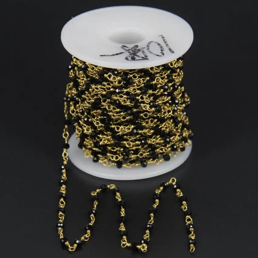 Tiny Beads Black Glass Quartz Faceted Rondelle Beaded Chain Jewelry Plated Gold Wire Wrapped Link Craft Necklace Supply 2x3mm | Украшения и