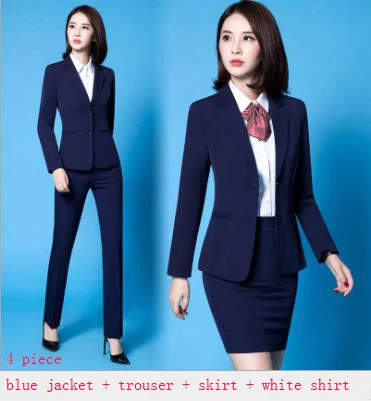 blue suit 4piece Корейский профессиональный женский комплект размера плюс, новинка, черная, синяя юбка, брючный костюм, офисный костюм для женщин, Блейзер, брюки, рубашка - Цвет: blue suit 4piece
