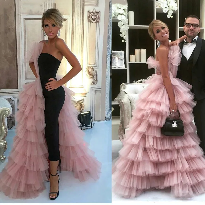 black and pink Многоярусный Русалочий платья знаменитостей индивидуальность черный и розовый цвета красный ковер женские платья Леди Мода Vestidos - Цвет: black and pink