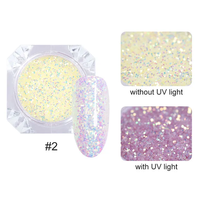 glitter2 1 коробка солнцезащитный свет УФ чувствительный меняющий цвет смешанный размер хлопья Хамелеон маникюр с блестками 3D дизайн ногтей гелевое украшение - Цвет: glitter2