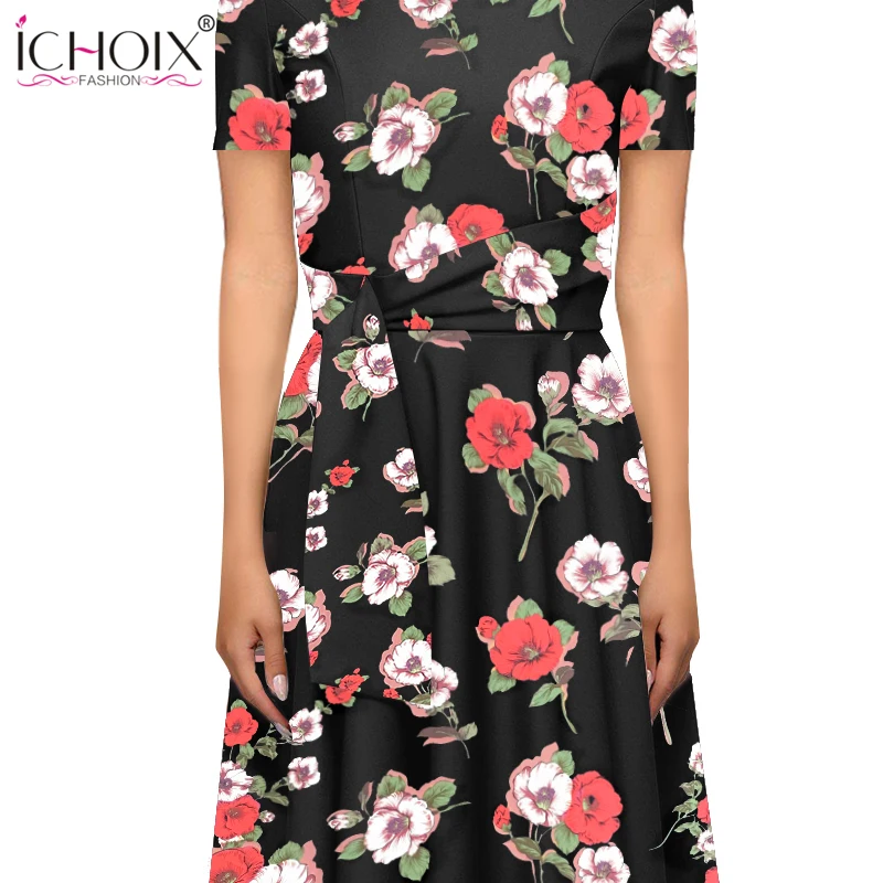

ICHOIX Women Elegant Summer Dress 2019 Casual A Line Floral Print Vintage Dresses Ladies Office Party Bodycon Dress With Sashes