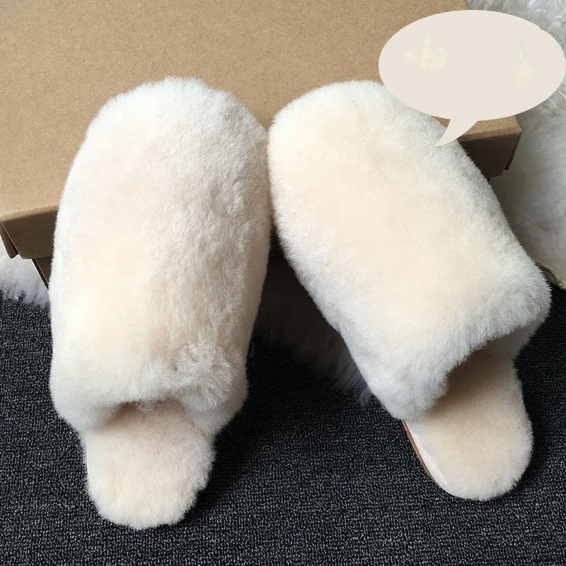 Beige Тапочки из натуральной овечьей кожи наивысшего качества; модные зимние женские домашние тапочки; теплые шерстяные домашние тапочки; женская повседневная домашняя обувь - Цвет: Beige