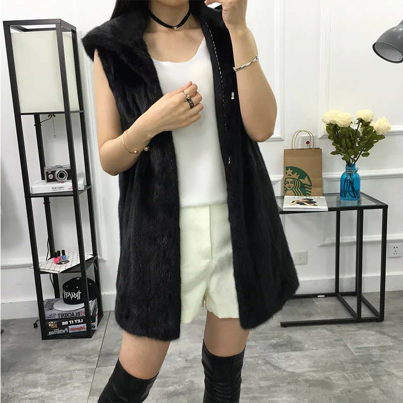 New Women's Mink Fur Coats Sleeveless Vests Real Black/Coffee Color Genuine Coat Winter Luxury Vest Hooded Pockets | Женская одежда