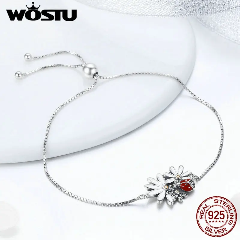 Женский браслет WOSTU из серебра 925 пробы с цепочкой в виде божьей коровки модные
