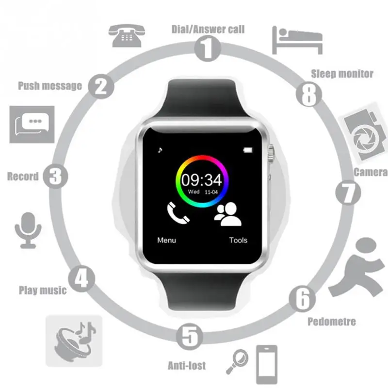 Smartwatch A1 Смарт часы с камера Bluetooth Шагомер трекер сна Reloj Inteligente для Android смартфон PK